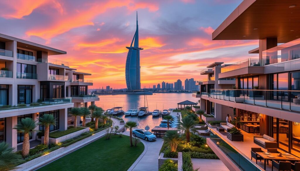 Luxury homes at Canal Bay with Burj Khalifa view